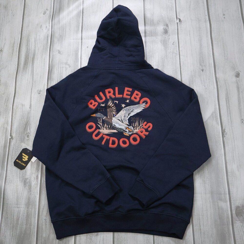 NEW BURLEBO Men's Fleece Pullover Hoodie - Duck Graphic Navy Size M, L